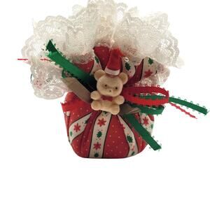 Vintage Christmas Music Box Gift Bag Ornament w/ Teddy Bear Red Green Lace 5"